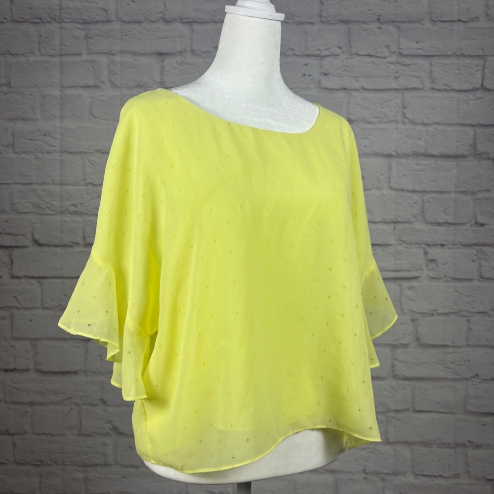 1.STATE Neon Yellow Clip Dot Ruffle Sleeve Blouse Womens Large Scoop Neck Top